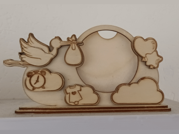 Houten Kinder Fotolijst - Geboorte Fotokader met Ooievaar Houten Kinder Fotolijst - Geboorte Fotokader met Ooievaar