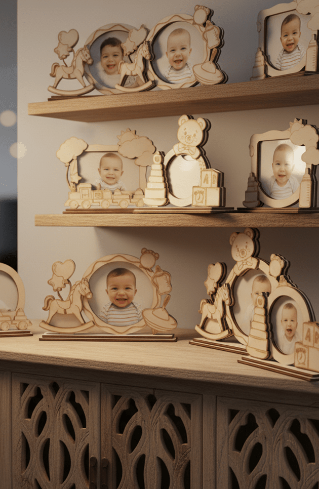 Houten fotolijst, babykamer decoratie, kraamcadeau hout, gepersonaliseerd kinderlijstje, schommelpaard decoratie, duurzaam speelgoed, geboortecadeau, houten trein lijstje, baby herinnering, houtsnijwerk baby.