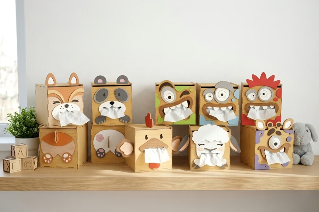 Collectie vrolijke houten tissuebox voor kind in verschillende dierenvormen.