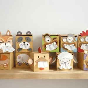 Collectie vrolijke houten tissuebox voor kind in verschillende dierenvormen.