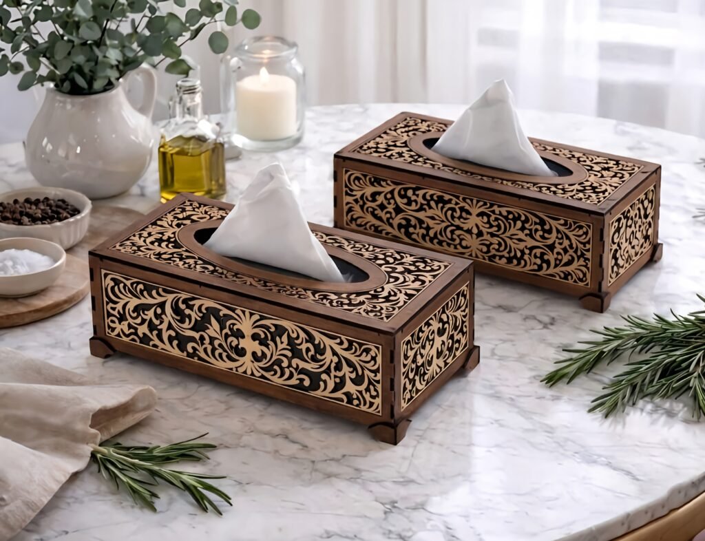 Luxe houten tissuebox met laser-gesneden Arabesk patroon op marmeren tafel.