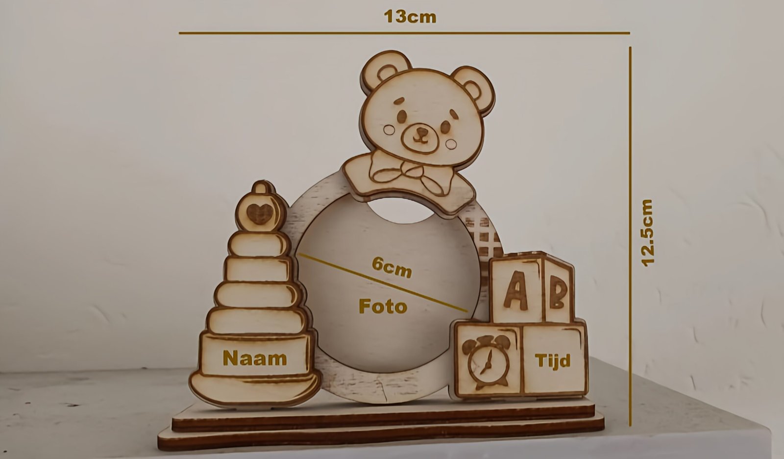 houten beer fotolijst speelse kinder fotokader met stapeltoren & blokken