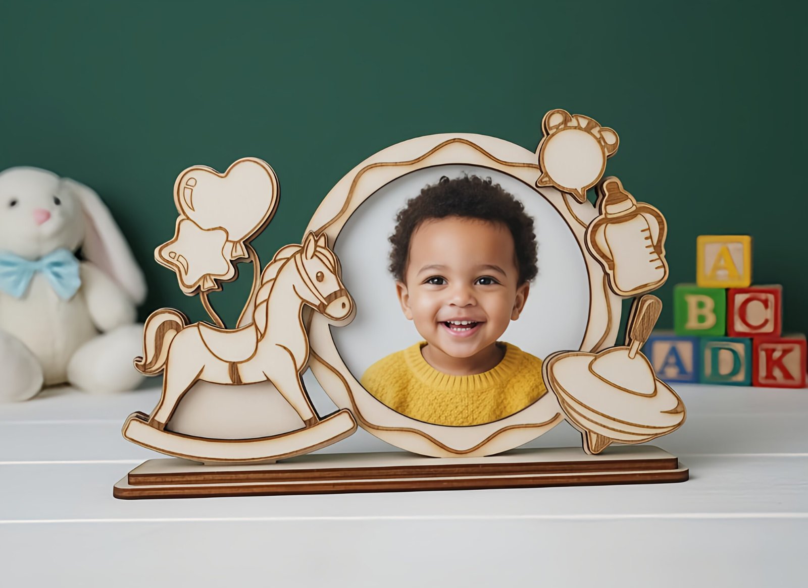 Handgemaakte houten paard kinderfotolijst voor de babykamer