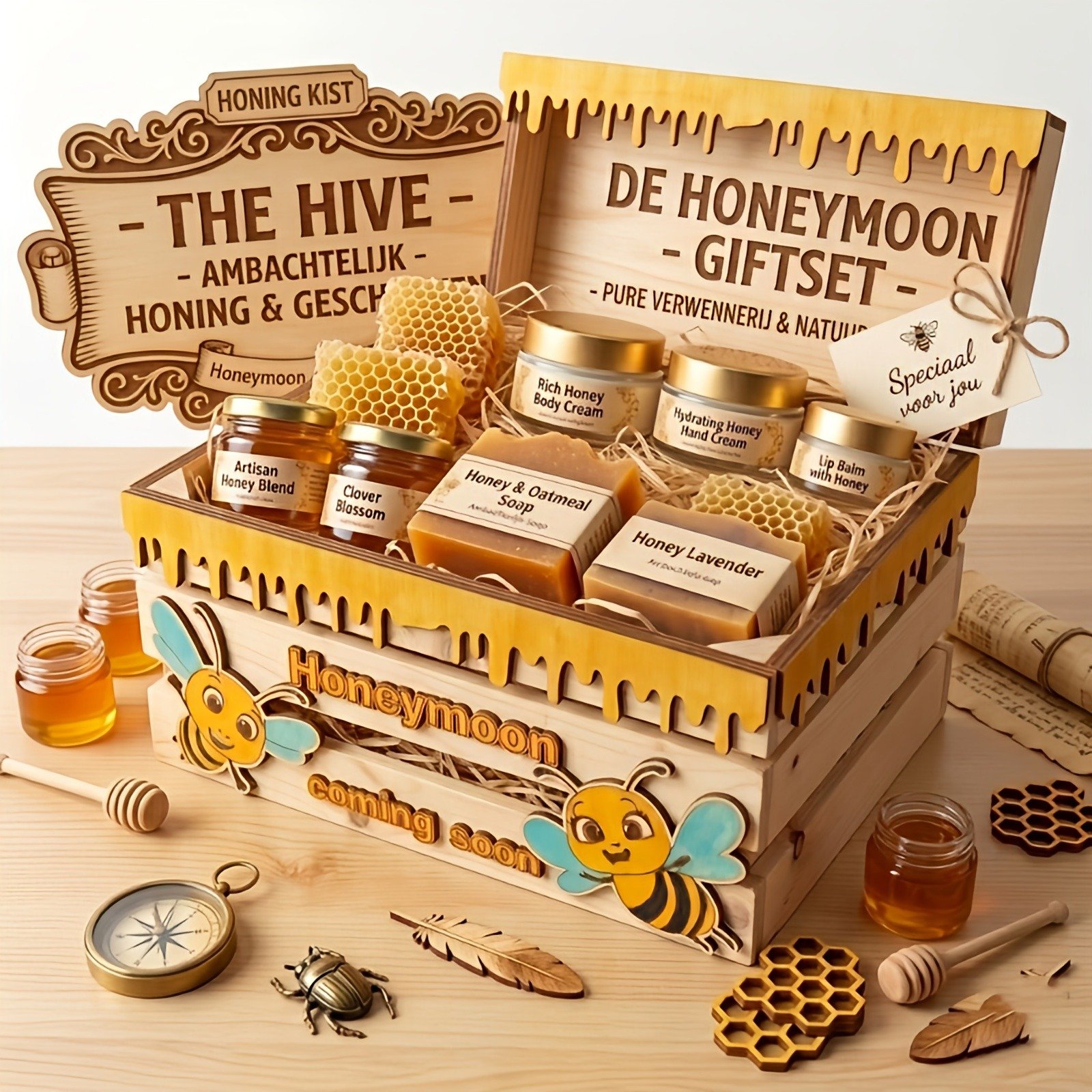 Luxe Honing Giftset - De Honeymoon Wellness Kist - Handgemaakt Cadeaupakket