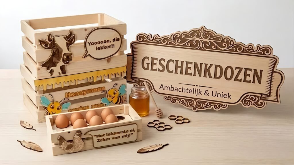 Houten krat, boerderij decoratie, handgemaakt hout, honing cadeau, eierkistje, gegraveerd hout, landelijke stijl, Honeymoon coming soon, bijenteelt decoratie, streekproducten verpakking.