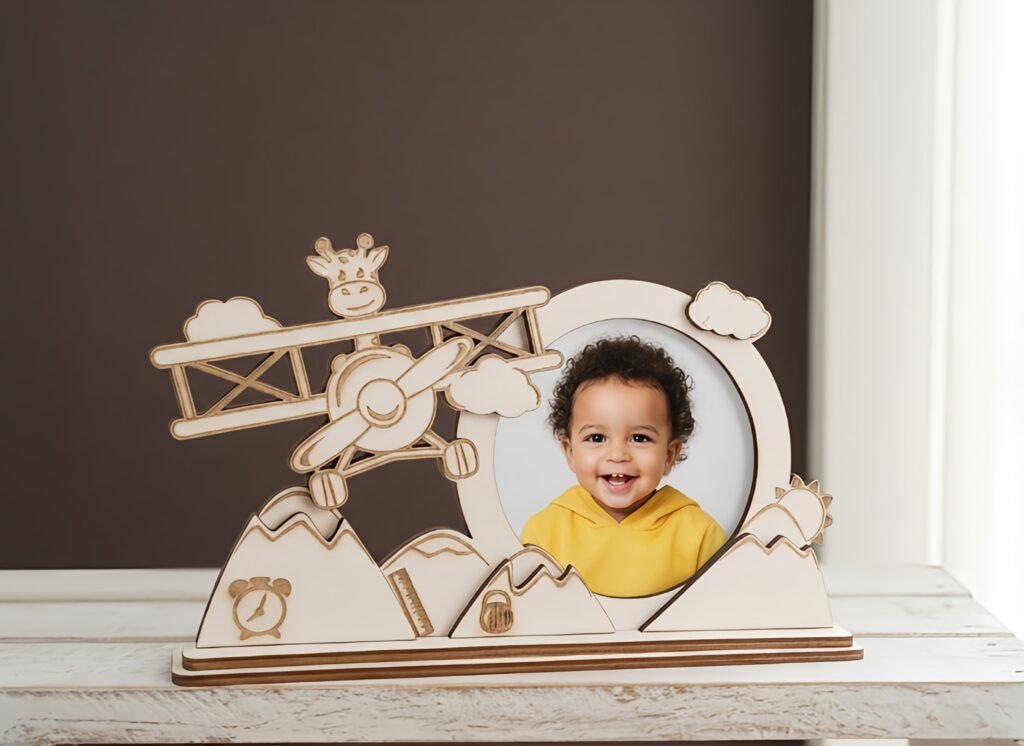 Handgemaakte houten vliegtuig kinderlijst met giraffe