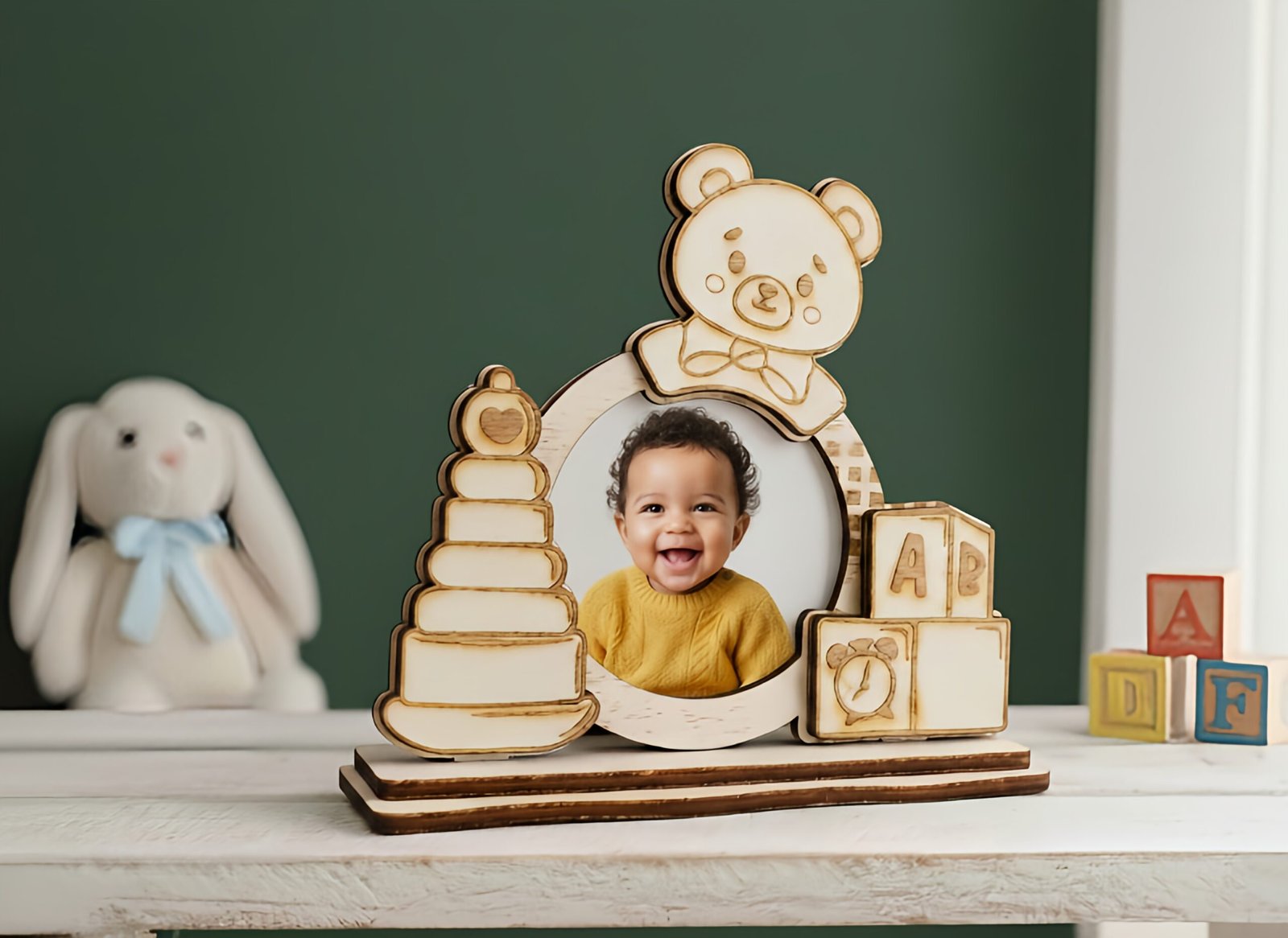 houten beer fotolijst speelse kinder fotokader met stapeltoren & blokken