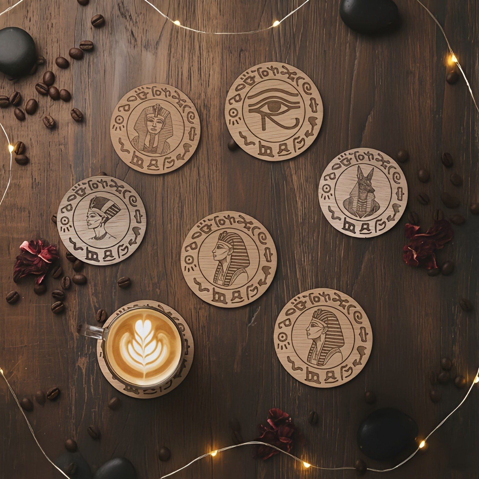 Handgemaakte houten onderzetters Egypte met farao gravure