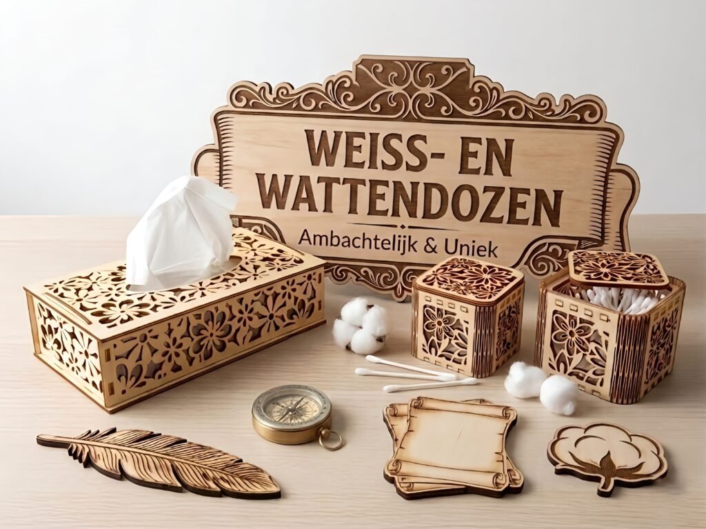 Collectie houten badkamer accessoires en tissuedozen handgemaakt door Amorite
