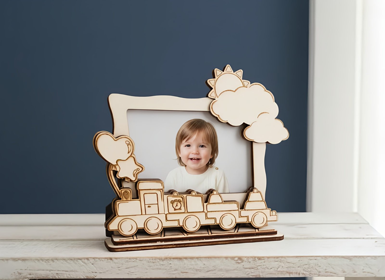 Handgemaakte houten trein kinderfotolijst voor de babykamer