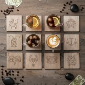 Handgemaakte houten onderzetters met horoscoop gravure sterrenbeeld