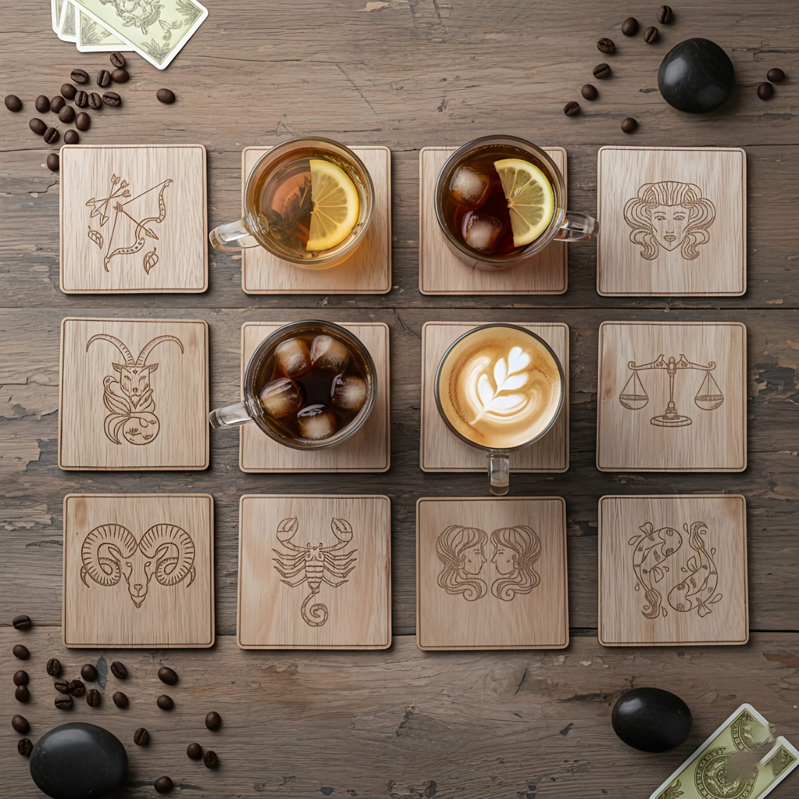 Handgemaakte houten onderzetters met horoscoop gravure sterrenbeeld